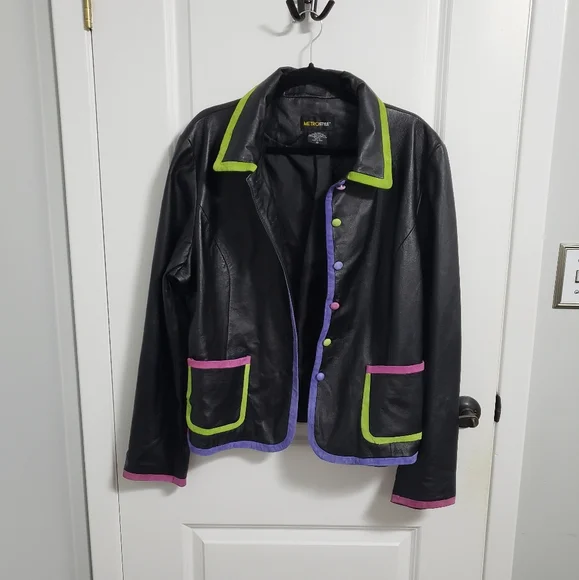 METROSTYLE Leather Jacket with Colorful Trim and Buttons - Picture 3 of 9